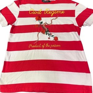 “PRODUCT OF THE POISON “ red & white, rose & snake embroidered t shirt.